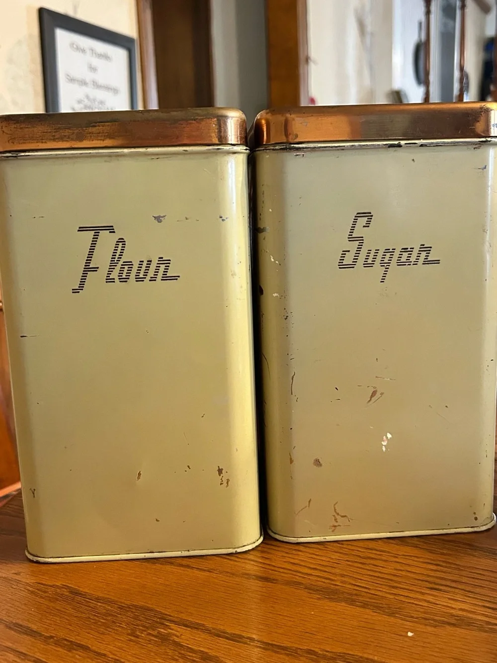 Vintage Flour & Sugar Metal Canisters - Pale Yellow with Copper Lids